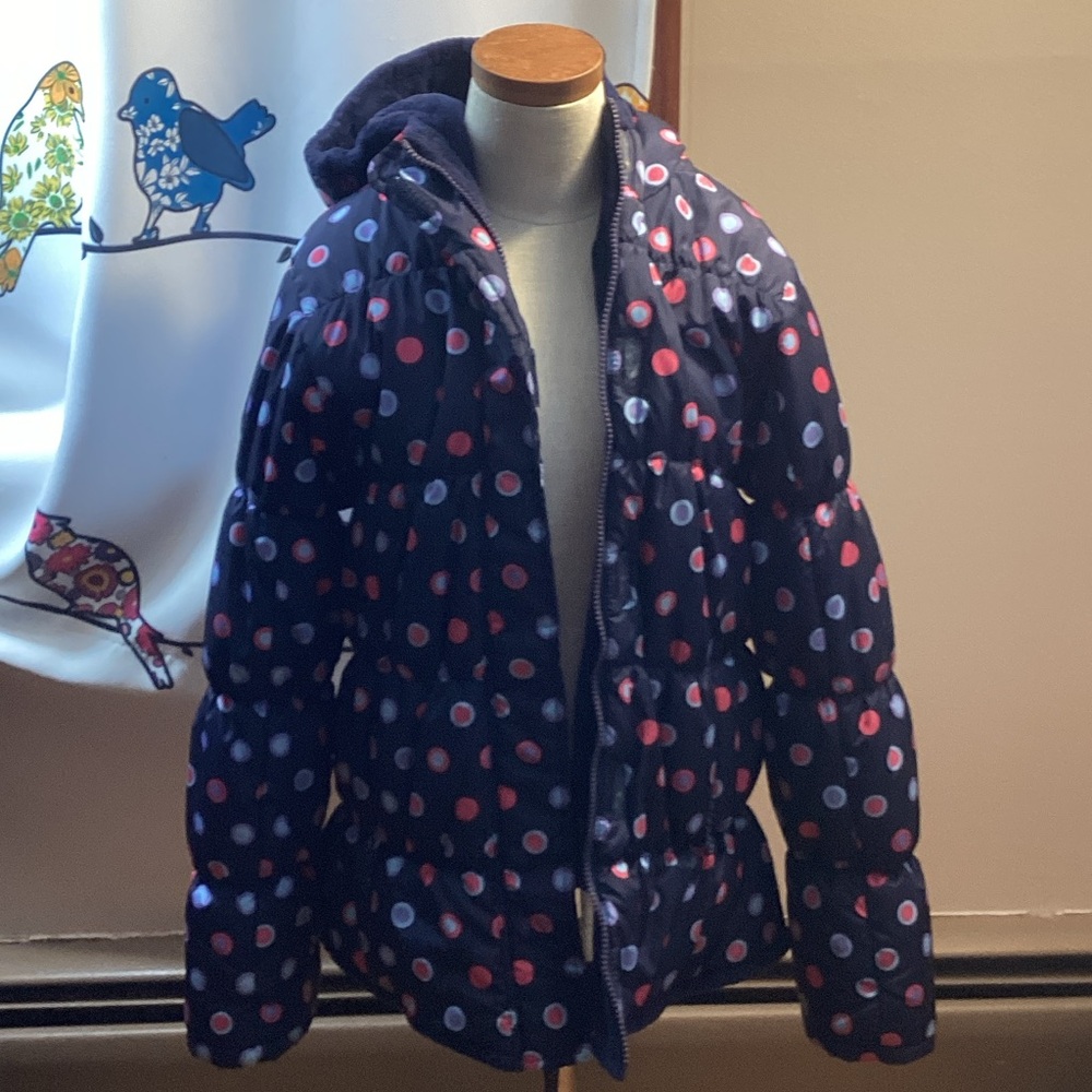 Lands' End Kids Navy Puffer Jacket with Pink and Red Dots